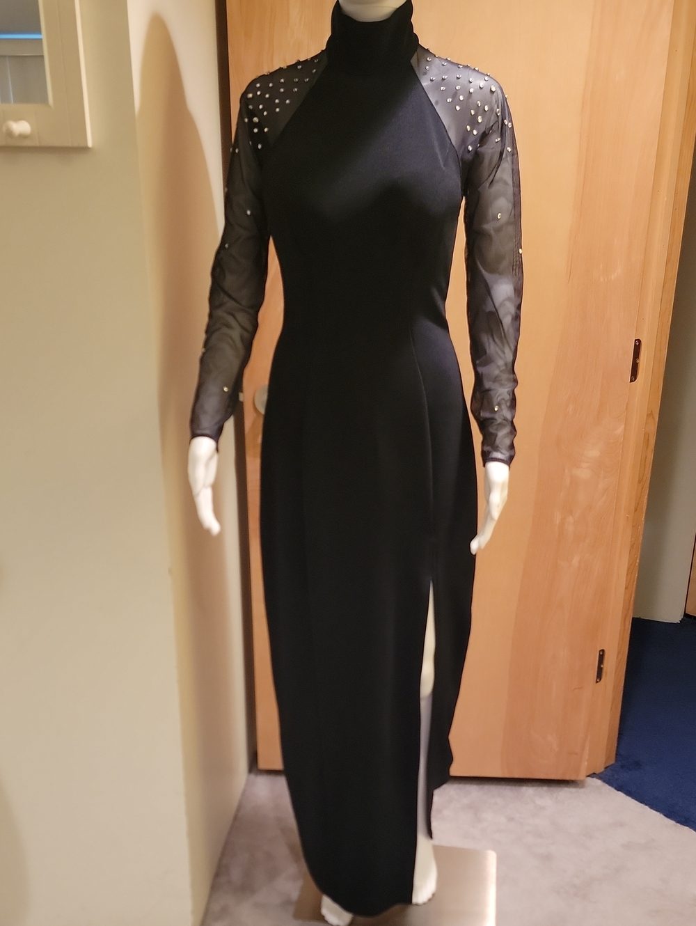 Saks Fifth Avenue Black Maxi Dress with Sheer Studded Sleeves